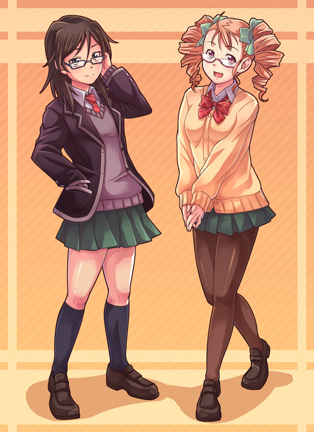 adjusting_hair, black_eyes, black_hair, blazer, brown_eyes, brown_hair, cardigan, drill_hair, e20, footwear, glasses, hair_ribbon, houzumi_satsuki, kikuhara_komugi, multiple_girls, original, pantyhose, pleated_skirt, ribbon, school_uniform, skirt, smile, socks, sweater, twin_drills