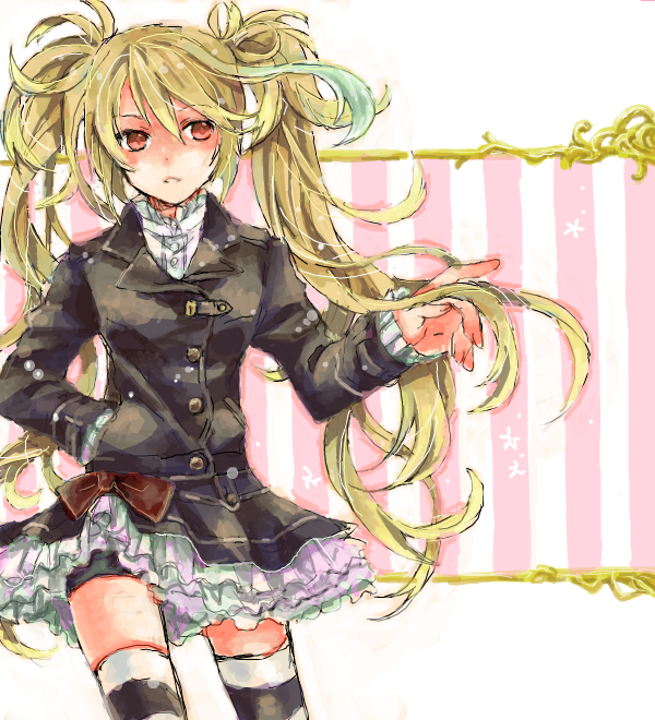 alternate_costume, alternate_hairstyle, aqua_hair, black_legwear, blazer, blonde_hair, gradient_hair, long_hair, milla_maxwell, multicolored_hair, nagino_hiiragi, red_eyes, skirt, solo, striped, striped_legwear, tales_of_(series), tales_of_xillia, thigh-highs, thighhighs, twintails, white_legwear