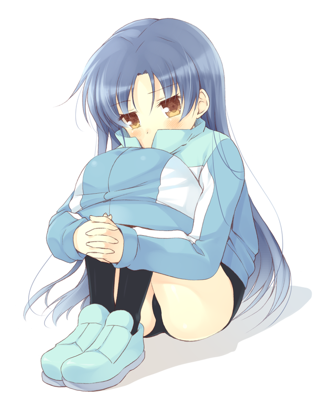 bad_id, black_legwear, blue_hair, blush, brown_eyes, buruma, idolmaster, kisaragi_chihaya, knees_on_chest, knees_together_feet_together, komi_zumiko, leg_hug, long_hair, shoes, simple_background, sitting, solo, track_jacket, under_shirt, white_background