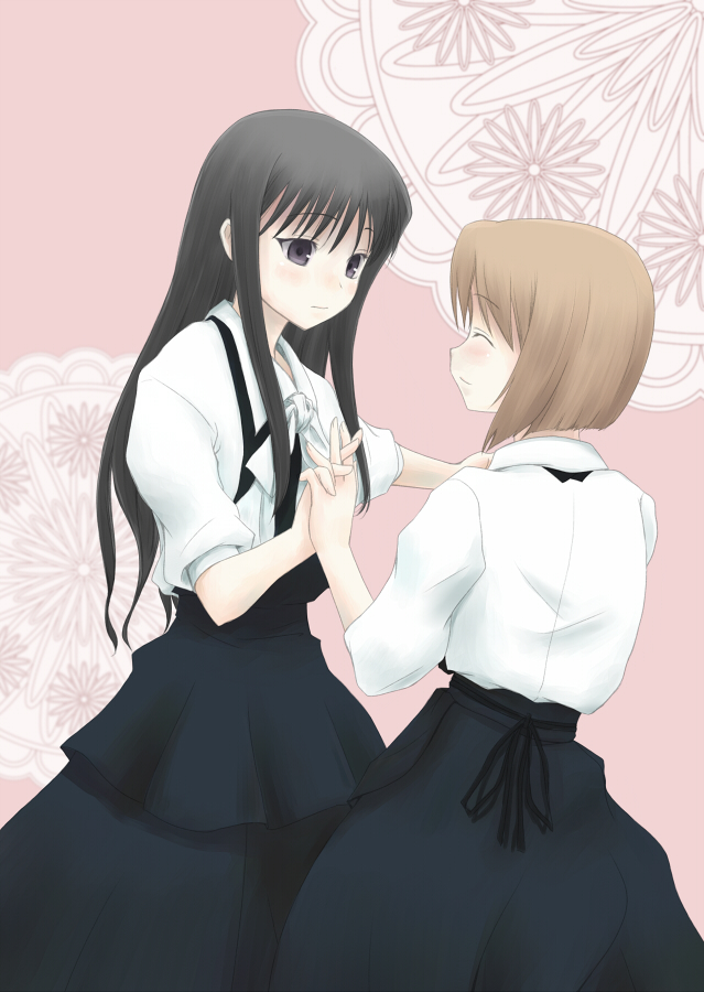 ameiro_kouchakan_kandan, black_eyes, black_hair, blush, brown_eyes, brown_hair, chatting_at_the_amber_teahouse, closed_eyes