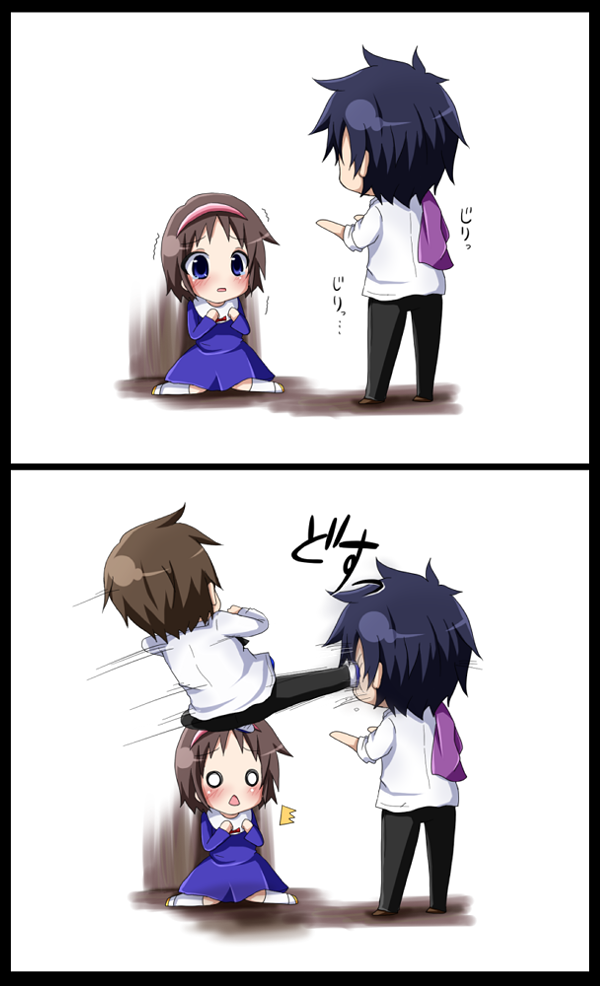 :<, black_hair, blue_eyes, brown_hair, corpse_party, hairband, headband, kicking