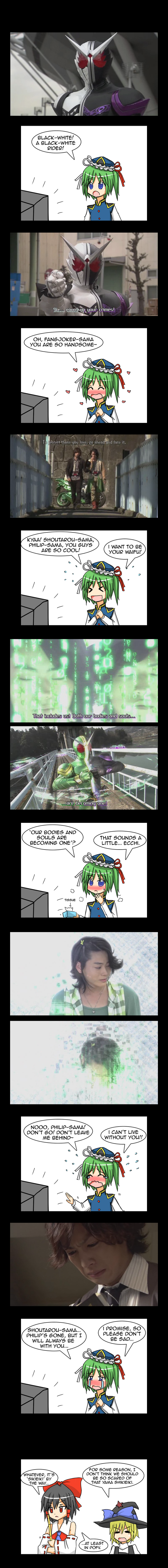 3girls, comic, double_driver, hakurei_reimu, hidari_shoutarou, highres, kamen_rider, kamen_rider_double