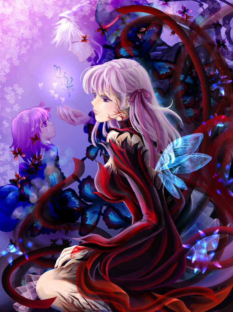 1boy, 1girl, 2girls, armor, berserker_(fate/zero), blush, butterfly, child