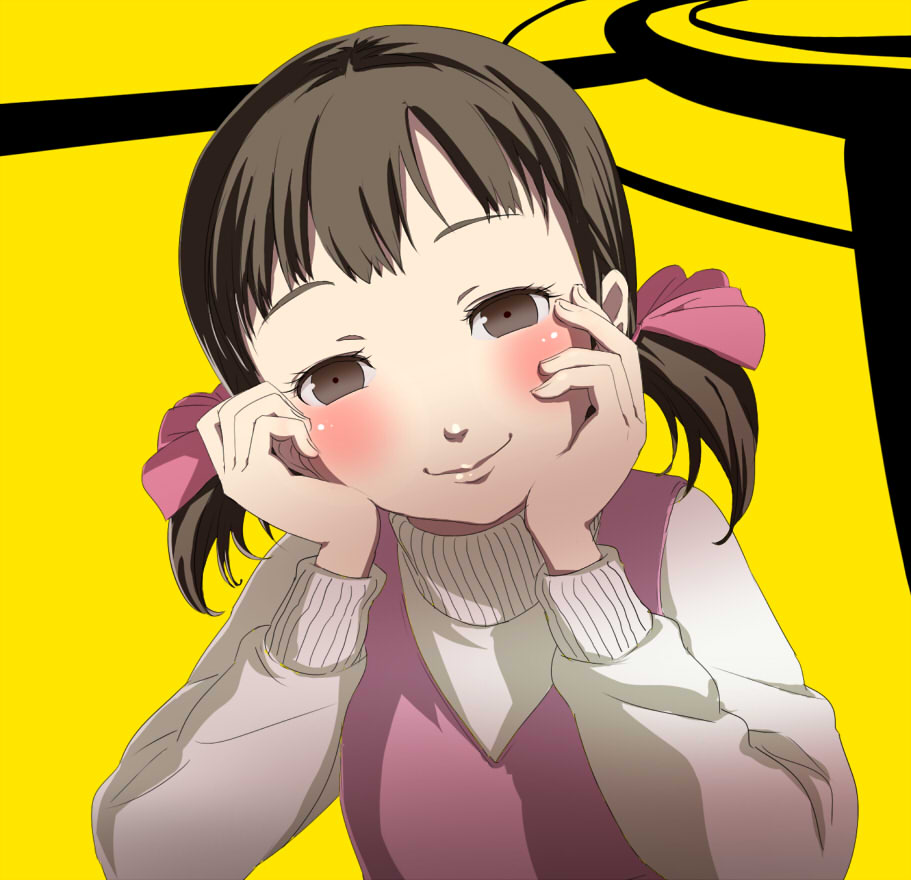 bad_id, blush, brown_eyes, brown_hair, child, doujima_nanako, hand_on_own_cheek, hands_on_own_cheeks, hands_on_own_face, ma_(2ql), persona, persona_4, short_hair, smile, solo, twintails, yandere_trance
