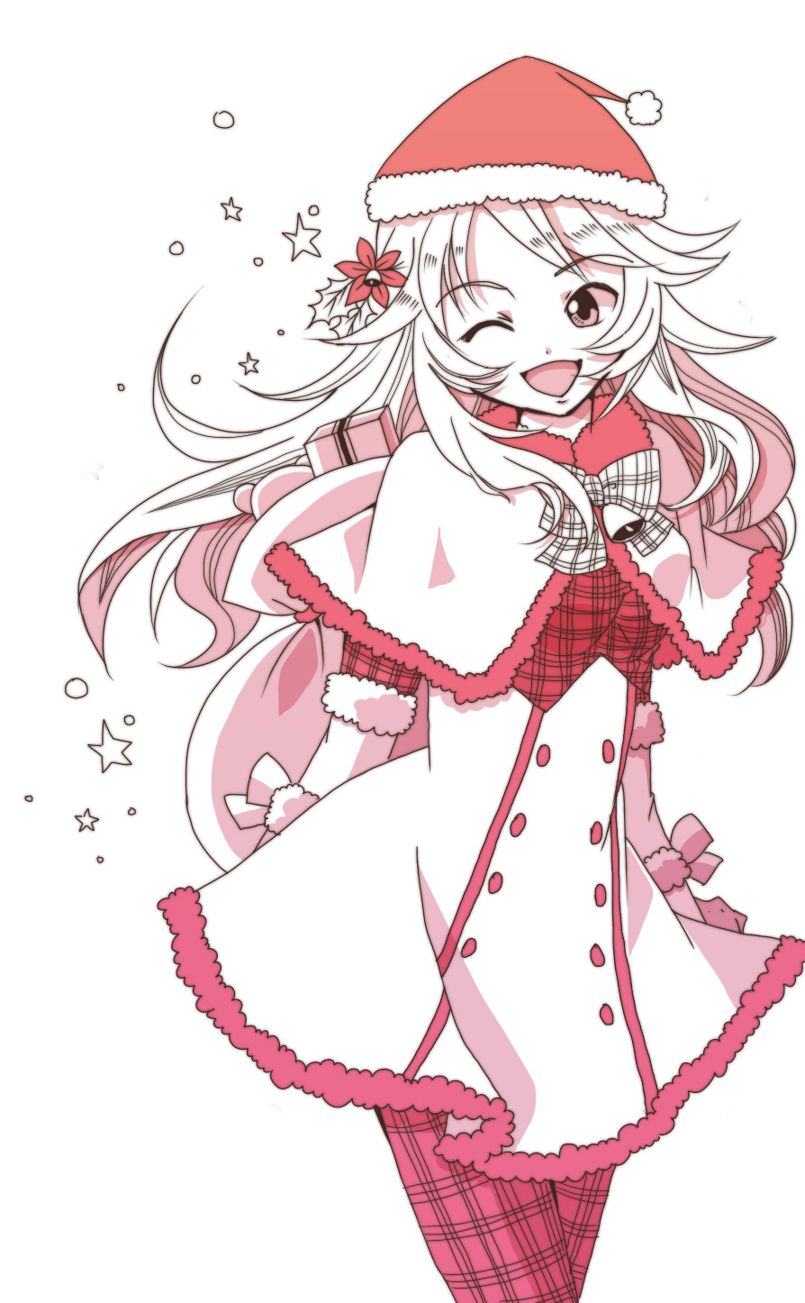bag, bell, bow, dress, flower, gift, gloves, hair_flower, hair_ornament, hat, highres, hoshii_miki, idolmaster, long_hair, mistletoe, open_mouth, plaid, santa_hat, smile, solo, tomomi_(mltplus), wink