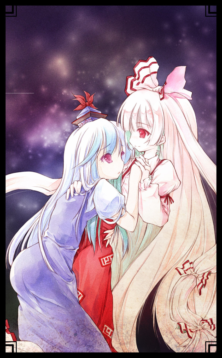 demupausagi, dress, fujiwara_no_mokou, hair_ribbon, hand_holding, hat, highres, holding_hands