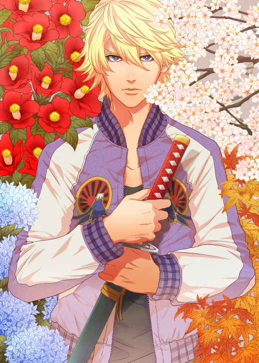 blonde_hair, cherry_blossoms, flower, flower_request, hydrangea, ivan_karelin, jacket, katana, leaf, letterman_jacket, male, maple_leaf, petunia_(flower), purple_eyes, purple_jacket, ramta, short_hair, solo, sword, tiger_&amp;_bunny, violet_eyes, weapon