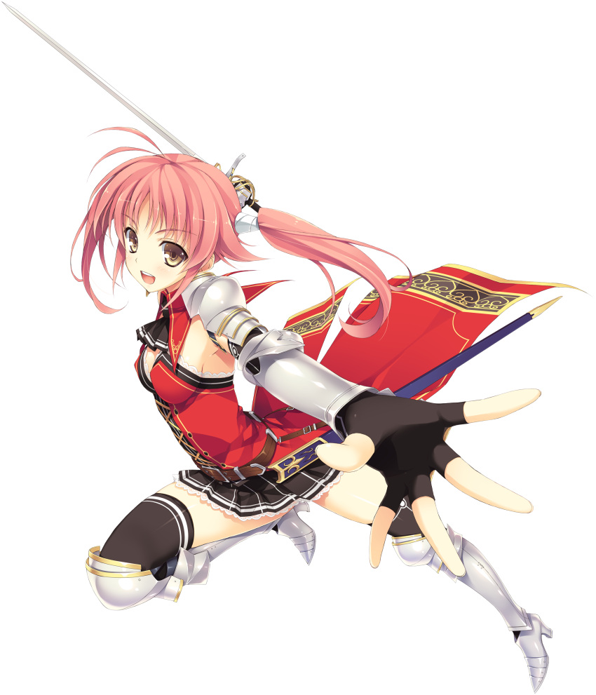 absurdres, armor, ascot, belt, black_background, black_legwear, fingerless_gloves, foreshortening