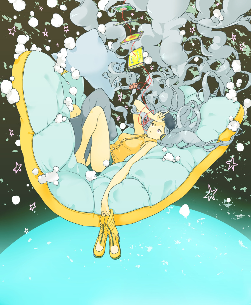 1girl, bare_feet, boots, cd, cds, clouds, falling, fukayama_fugin, headphones, miyama_fugin, pillow, short_shorts, stars, very_long_hair