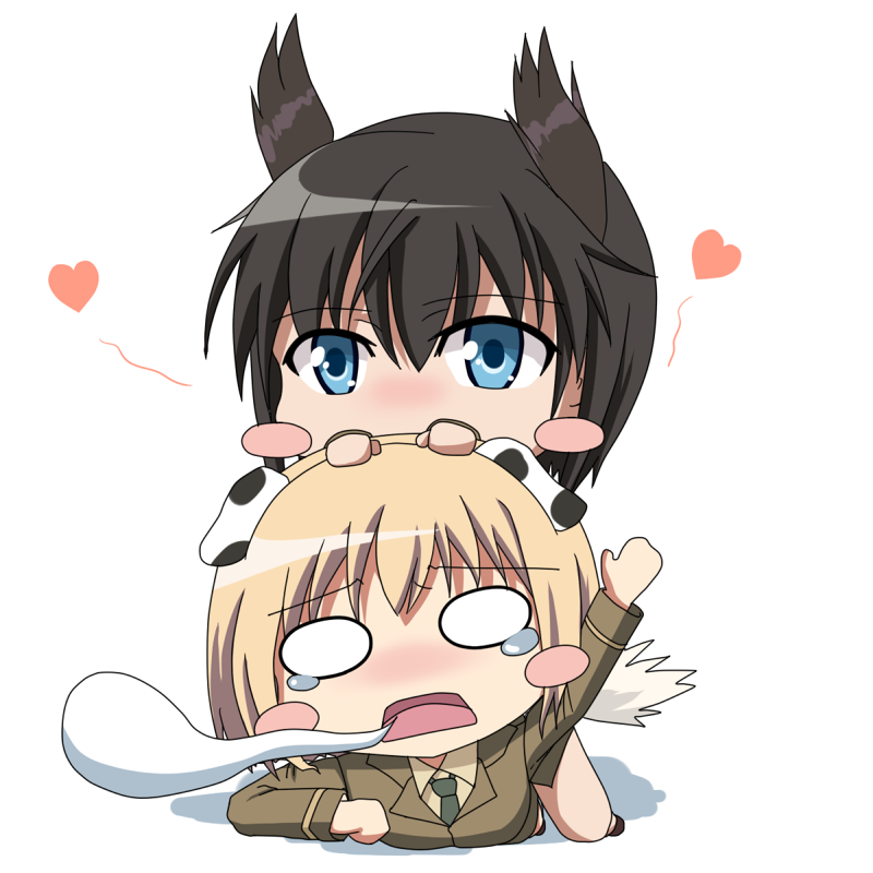 animal_ears, bad_id, black_hair, blonde_hair, blue_eyes, blush_stickers, chibi, dominica_s_gentile, heart, jane_t_godfrey, military, military_uniform, multiple_girls, norayinu, o_o, open_mouth, spirit, strike_witches, tail, tears, uniform