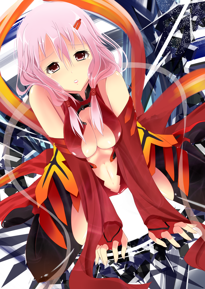breasts, center_opening, detached_sleeves, fingerless_gloves, gloves, guilty_crown, hair_ornament, hairclip