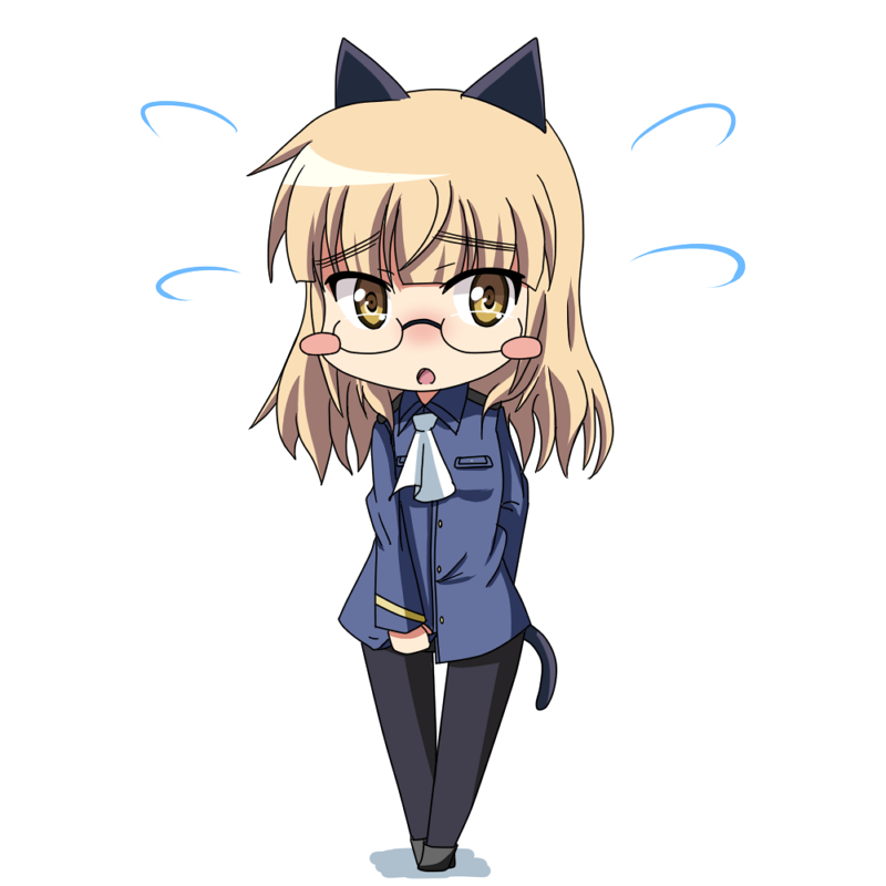 animal_ears, ascot, bad_id, blonde_hair, blush_stickers, cat_ears, cat_tail, chibi