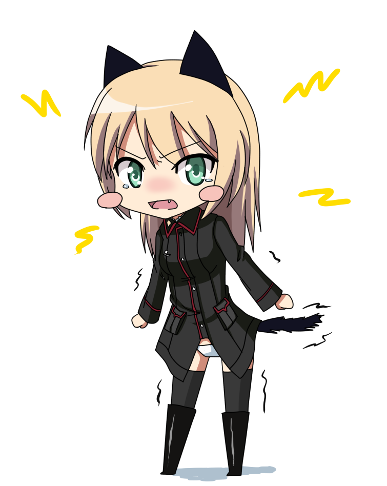 animal_ears, bad_id, black_legwear, blonde_hair, blush_stickers, chibi, fang, green_eyes