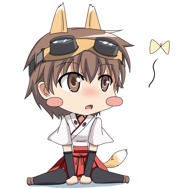 1girl, animal_ears, black_legwear, blush_stickers, brown_eyes, brown_hair, butterfly, chibi