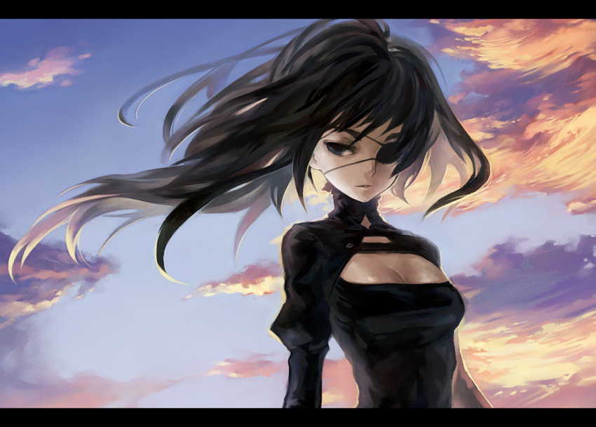 black_dress, black_hair, blue_eyes, breasts, cleavage, cleavage_cutout, cloud, dress, eyepatch, floating_hair, letterboxed, long_hair, original, sky, solo, uroko, uroko_(mnr)