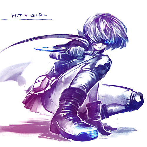 belt_pouch, blue_eyes, bob_cut, boots, cape, gloves, hit-girl, kick-ass