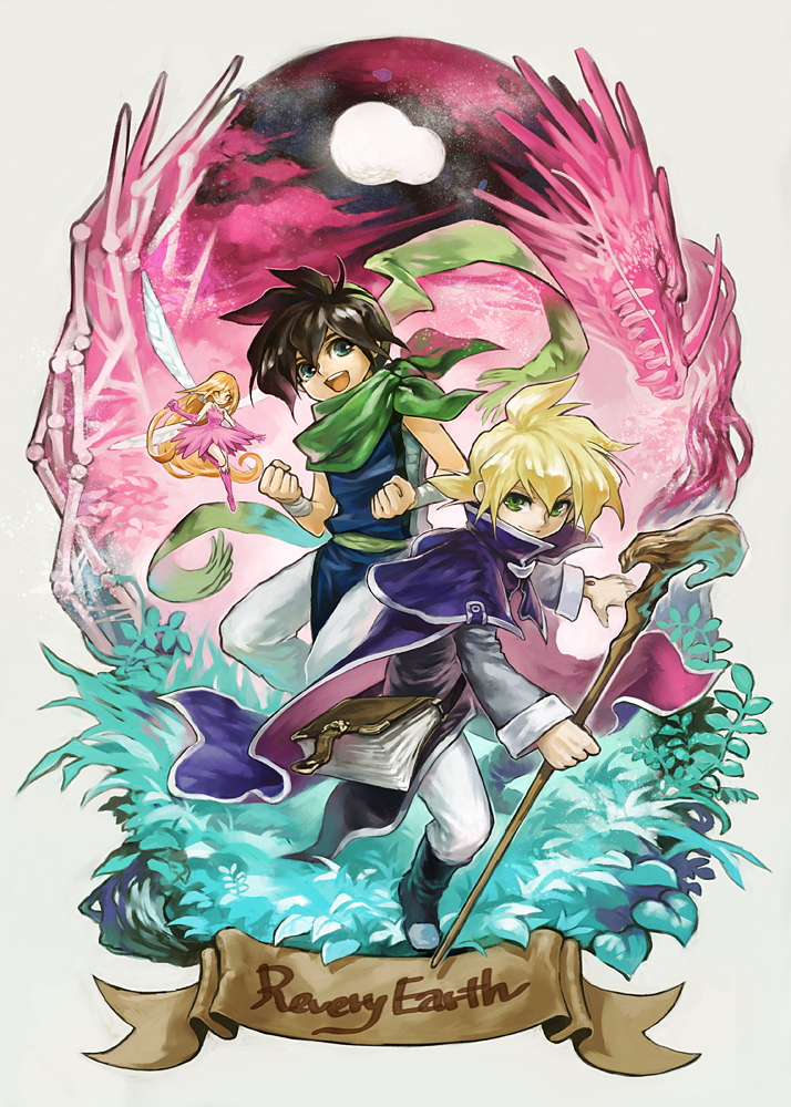 2girls, androgynous, black_hair, blonde_hair, blue_eyes, boots, cape, dragon