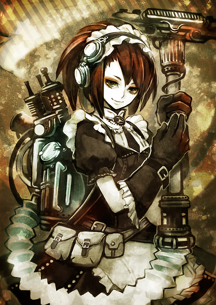 apron, belt_pouch, brown_hair, gloves, green_eyes, headphones, jitome, long_hair