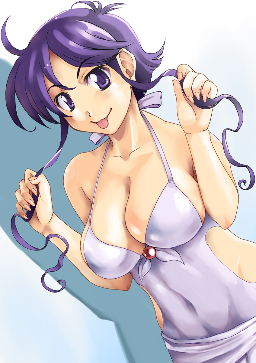 :p, breasts, cleavage, clothed_navel, halterneck, highres, large_breasts, naoyuki, payot, purple_eyes, purple_hair, solo, super_robot_wars, super_robot_wars_the_lord_of_elemental, tongue, violet_eyes, xenia_grania_bilseia