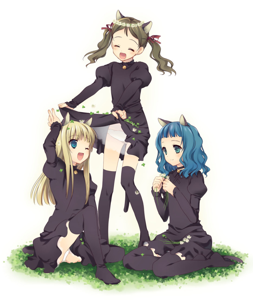 animal_ears, bell, blonde_hair, blue_eyes, blue_hair, cat_ears, cat_tail, choker