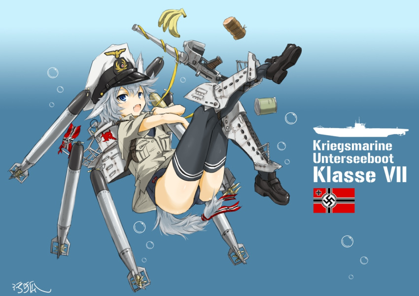 1girl, can, fang, female, flag, food, fruit, german