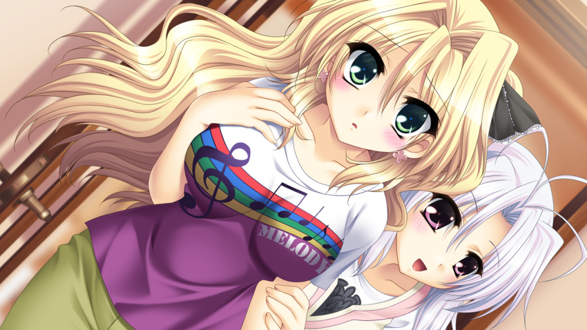 2girls, amagi_sakino, blonde_hair, game_cg, green_eyes, ikura_nagisa, mashiro_summer, white_hair