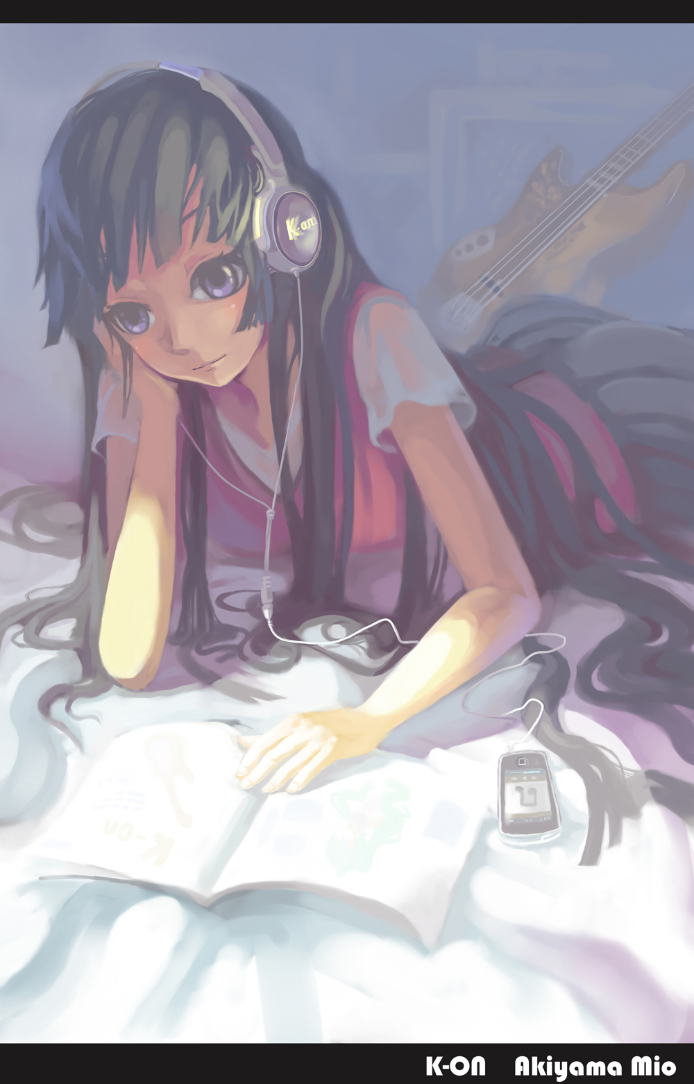 akiyama_mio, bad_id, black_hair, casual, digital_media_player, headphones, highres, ipod