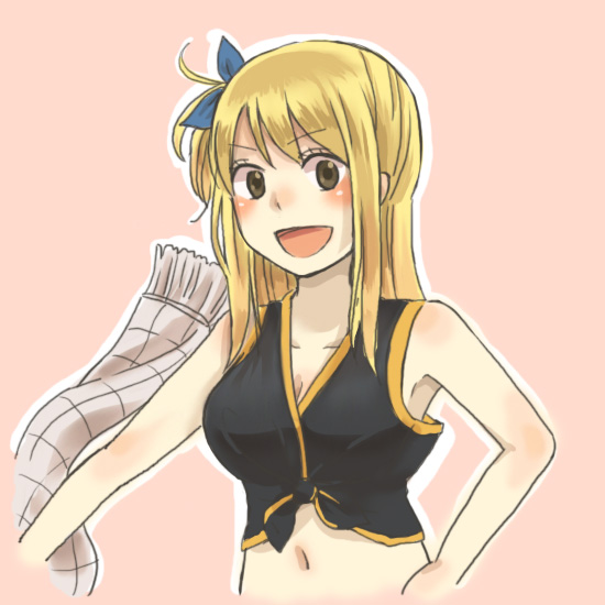 :d, blonde_hair, blush, cosplay, erinan, fairy_tail, lucy_heartfilia, natsu_dragneel, natsu_dragneel_(cosplay), navel, open_mouth, scarf, smile, solo