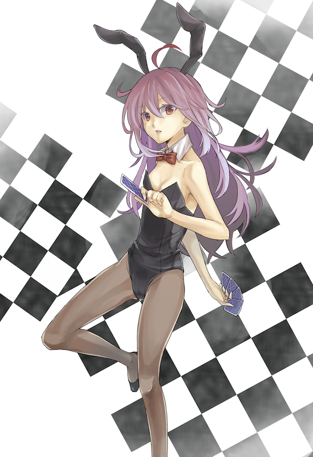 bad_id, bowtie, brown_eyes, bunny_ears, bunnysuit, card, checkered, checkered_background