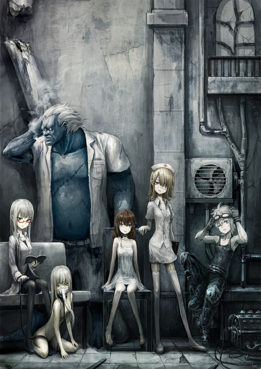 2boys, 4girls, bandage, bandage_over_eye, bandages, barefoot, blonde_hair, blue_skin