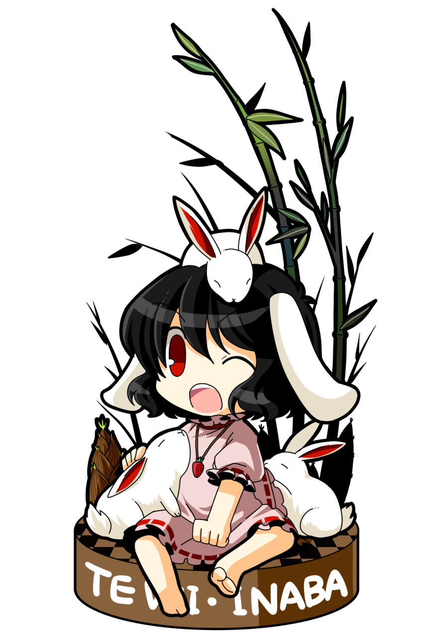 animal_ears, animal_on_head, bamboo, barefoot, black_hair, bunny, bunny_ears, bunny_on_head