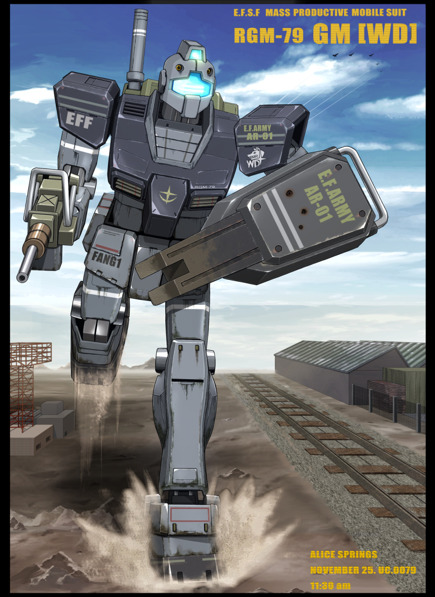 border, bullet_hole, dirty, dust, gm_(mobile_suit), gun, gundam, gundam_side_story:_rise_from_the_ashes, highres, homura_shuusaku, leg_lift, machine_gun, mecha, railroad_tracks, rust, shield, solo, text, weapon, windowboxed
