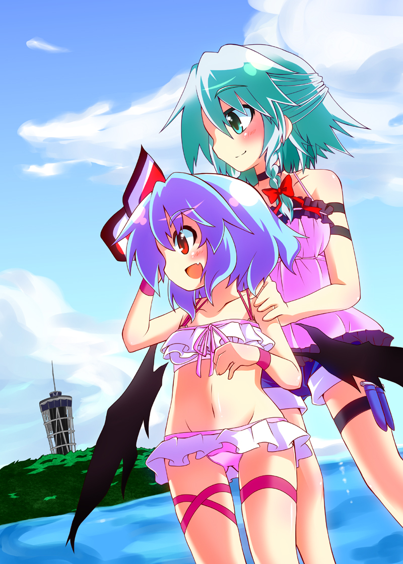 bikini, braid, child, choker, gin_(shioyude), half_updo, hand_on_shoulder, izayoi_sakuya