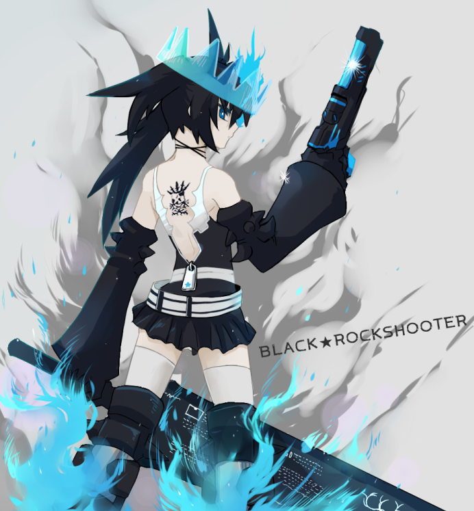 black_hair, black_rock_shooter, black_rock_shooter_(character), black_rock_shooter_beast, blue_eyes, boots, crown, detached_sleeves