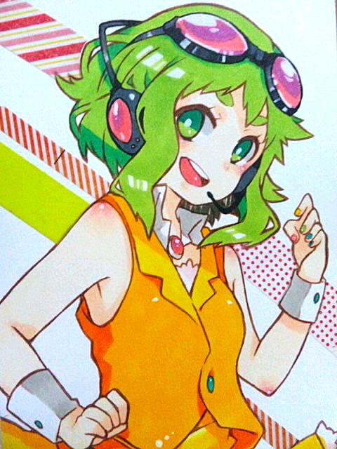 goggles, goggles_on_head, green_eyes, green_hair, gumi, headphones, momokan_(mmkn100), nail_polish, open_mouth, short_hair, smile, solo, vocaloid, wrist_cuffs