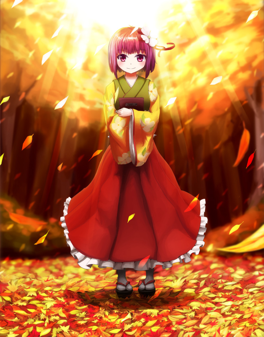 agent_(artist), agent_(ikuoikuo), autumn_leaves, book_hug, floral_print, flower, forest, hair_flower, hair_ornament, hieda_no_akyuu, highres, japanese_clothes, kimono, nature, petals, purple_eyes, purple_hair, short_hair, smile, solo, sunlight, touhou, violet_eyes