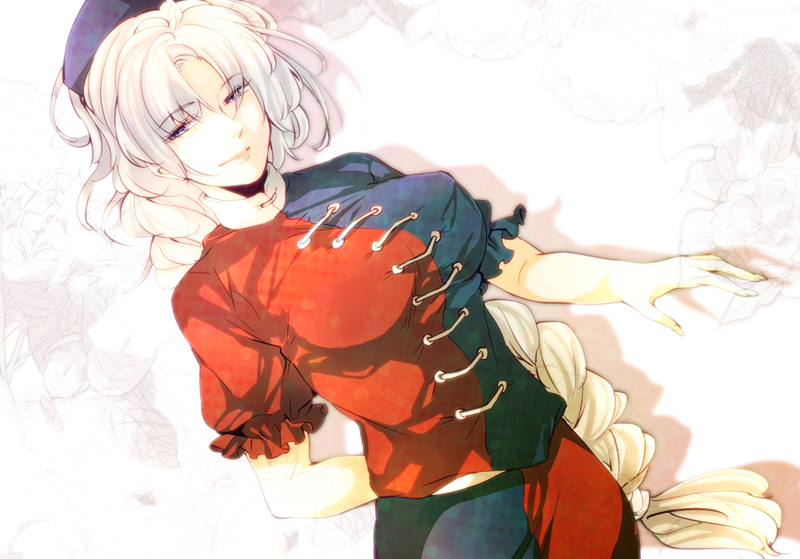 arm_behind_back, braid, breasts, flower, grey_eyes, hair_ribbon, hat, kiguchiko