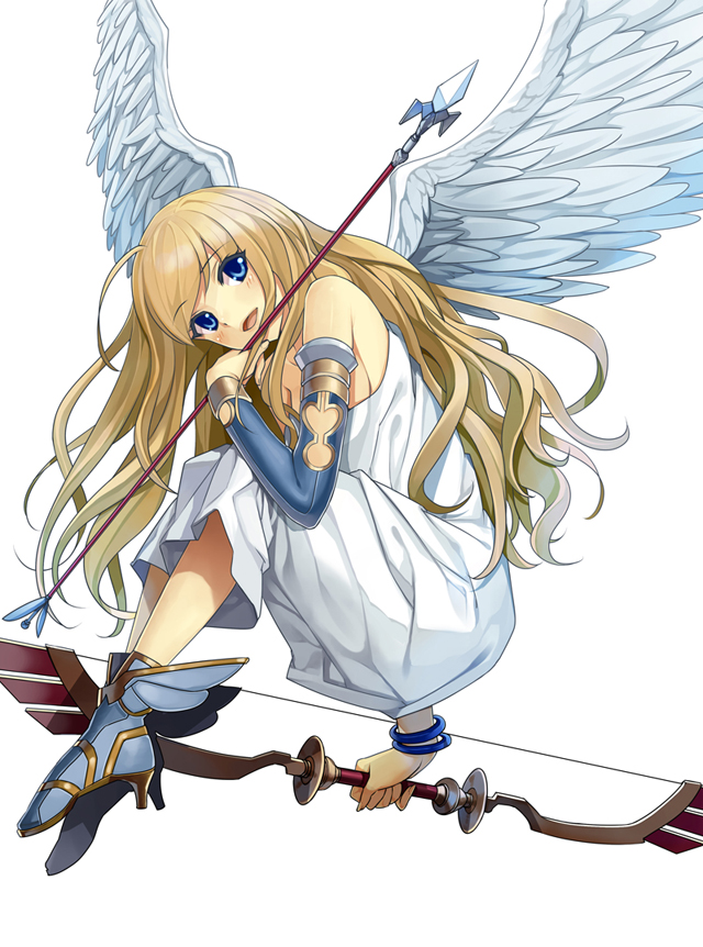 angel_wings, arrow, bare_shoulders, blonde_hair, blue_eyes, bow_(weapon), bracelet, dragon_maker