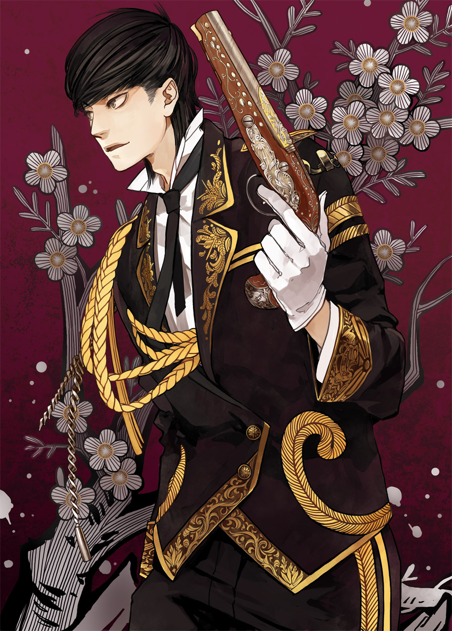 antique_firearm, black_hair, firelock, flintlock, flower, gloves, gun, highres