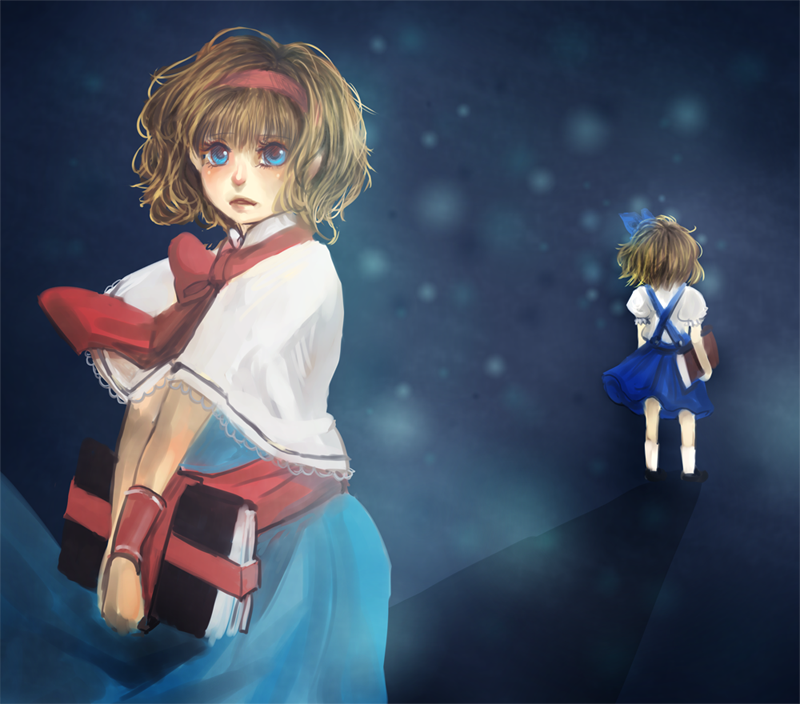 1girl, alice_margatroid, alice_margatroid_(pc-98), blue_dress, blue_eyes, book, capelet, child, dress, dual_persona, from_behind, grimoire, hairband, multiple_girls, necktie, sheryth, short_hair, skirt, time_paradox, touhou, touhou_(pc-98), young