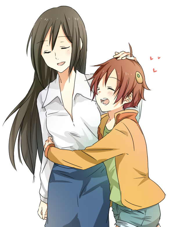 :d, bad_id, black_hair, character_request, closed_eyes, denim, denim_shorts, hand_on_head, height_difference, hug, long_hair, lupin_iii, maki_(lupin_iii), mine_fujiko, misa_(lupin_iii), multiple_girls, open_mouth, sao_(0060), short_hair, shorts, simple_background, size_difference, smile, teeth, white_background, yuri