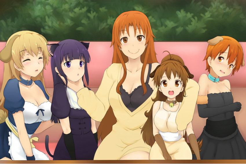 animal_ears, black_hair, blonde_hair, brown_eyes, brown_hair, cat_ears, cosplay, dog_ears