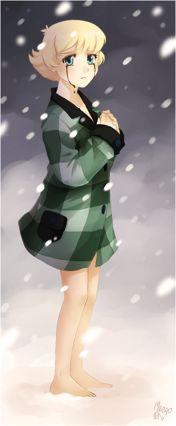 android, aqua_eyes, bare_legs, barefoot, blonde_hair, feet, jacket, meago