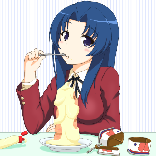 can, eating, kawashima_ami, long_hair, lowres, mayonnaise, potted_meat, purple_eyes