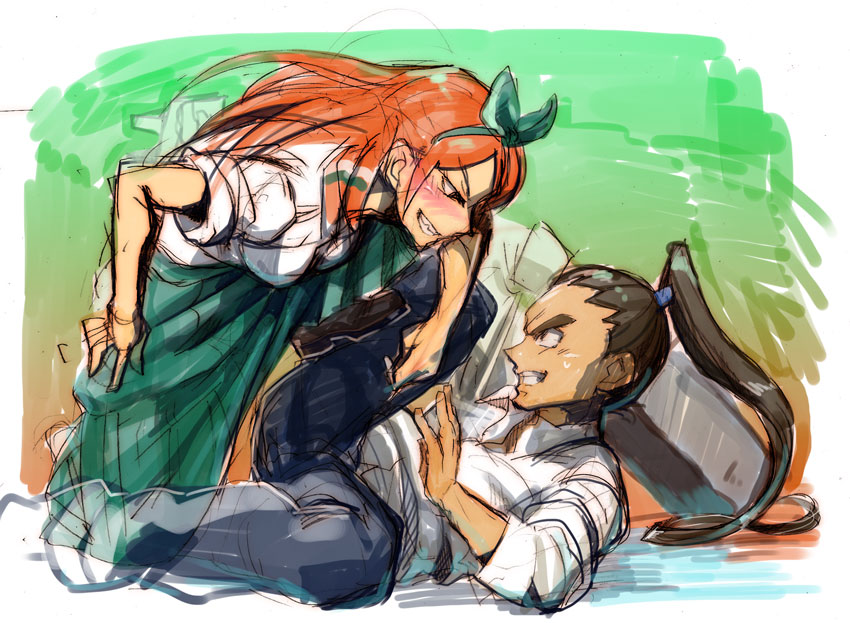 1girl, black_hair, blush, cady, femdom, grin, hair_ribbon, inazuma_eleven, inazuma_eleven_(series), inazuma_eleven_go, long_hair, long_skirt, nishiki_ryouma, red_hair, redhead, ribbon, school_uniform, seto_midori, sketch, skirt, sleeves_rolled_up, smile