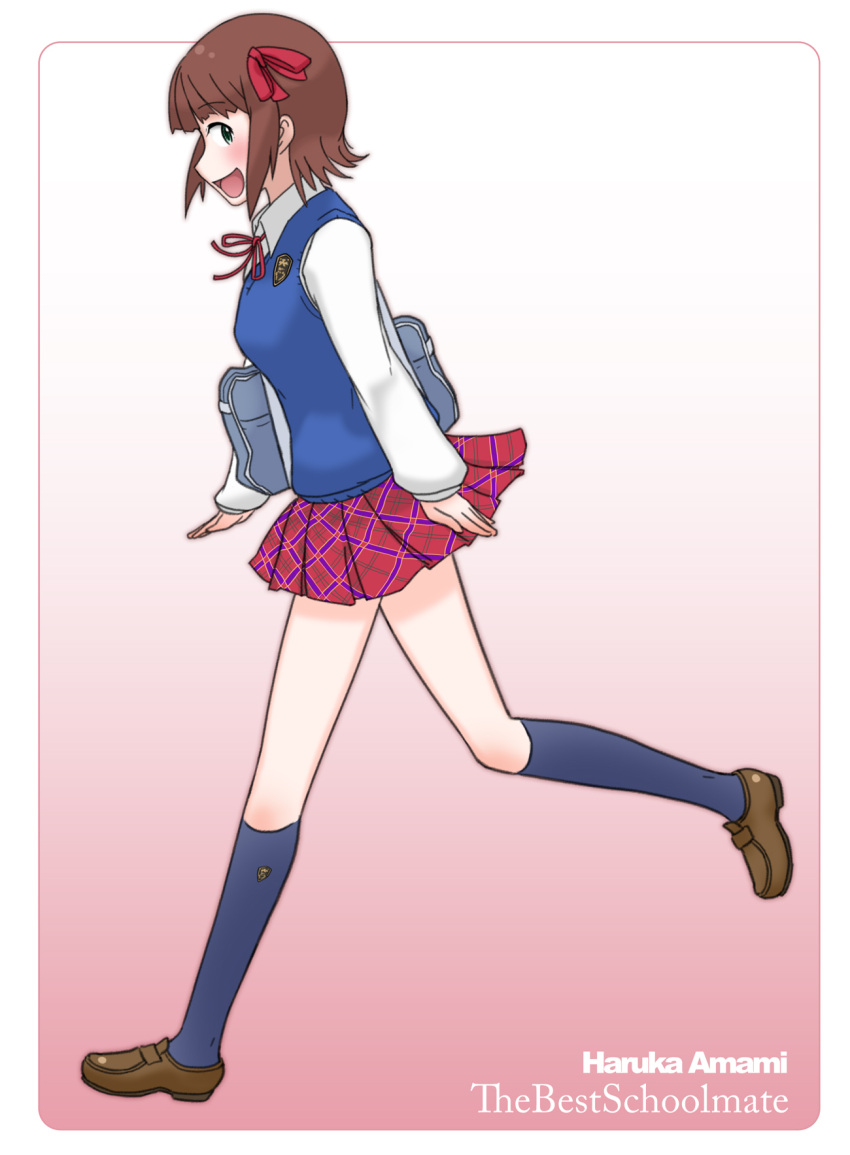 amami_haruka, bag, brown_hair, green_eyes, hair_ribbon, highres, idolmaster, kneehighs