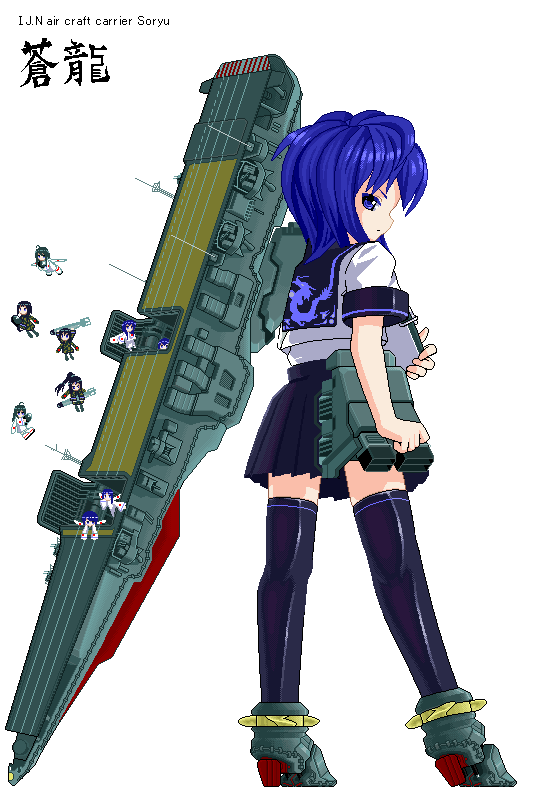 a6m_zero, aichi_d3a, aircraft_carrier, airplane, black_legwear, blue_eyes, blue_hair, bomb, bomber, dive_bomber, dragon, eastern_dragon, flight_deck, hachi_hostler, imperial_japanese_navy, looking_back, military, nakajima_b5n, personification, pixel_art, school_uniform, serafuku, simple_background, souryuu_(aircraft_carrier), thigh-highs, thighhighs, torpedo, white_background, world_war_2, zettai_ryouiki