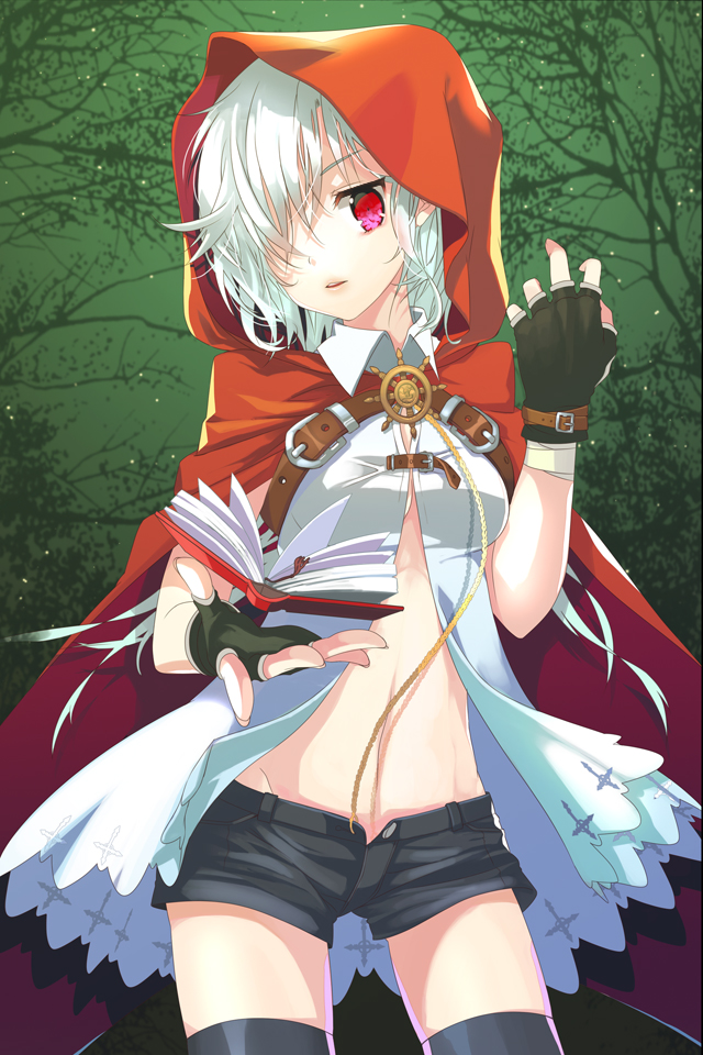 b-na, black_legwear, book, cloak, fingerless_gloves, gloves, hair_over_one_eye, hood, mintchoco, navel, open_book, red_eyes, short_hair, solo, sword_girls, thigh-highs, thighhighs, white_hair