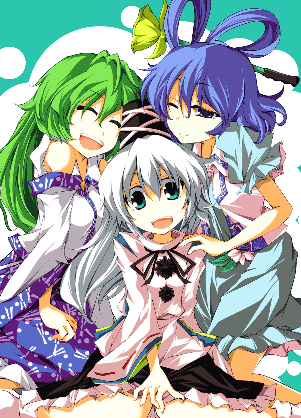 blue_eyes, blue_hair, closed_eyes, detached_sleeves, eyes_closed, green_eyes, green_hair, hair_ornament