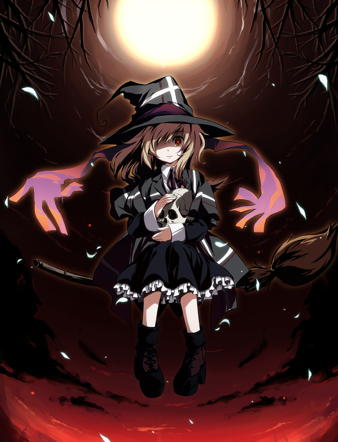 blonde_hair, boots, broom, brown_eyes, dark_persona, dress, full_moon, hair_over_one_eye